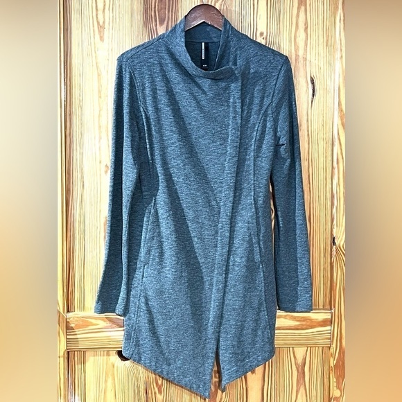 Asymmetrical Heathered Gray Full Zip Mock Neck Jacket Pockets High-Low - Picture 1 of 16